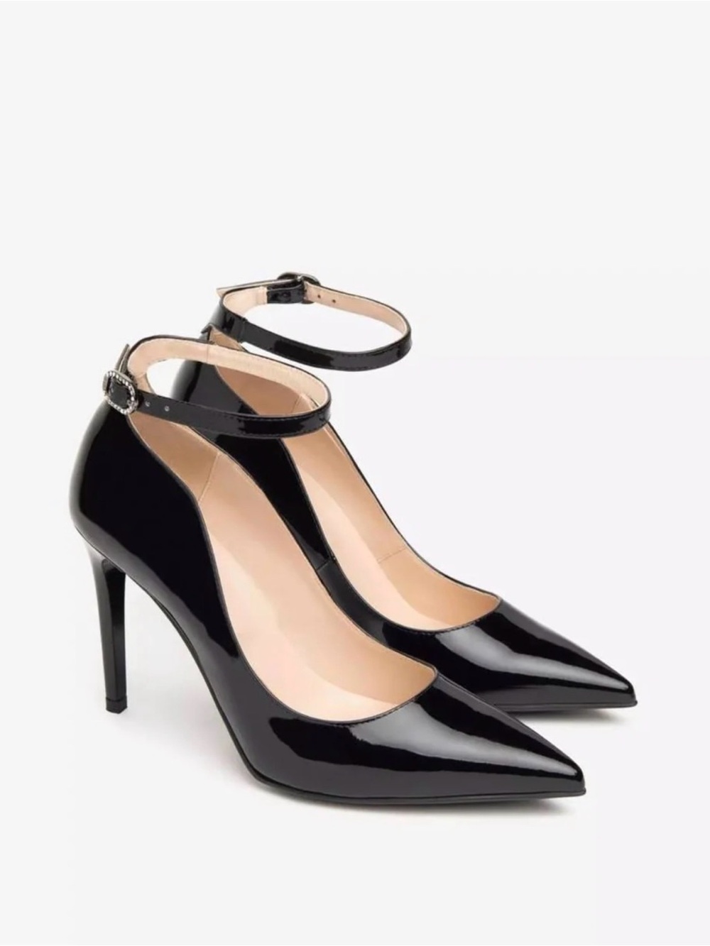 Nero Giardini Premium Collection Black Patent Leather ankle-Strap Pointy Pumps